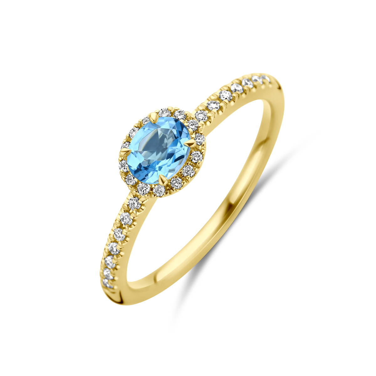 14k Geelgouden ring uitgevoerd met swiss blue topaas en diamant. De ring heeft een breedte van 6mm. Het totale diamantgewicht is 0.12ct.