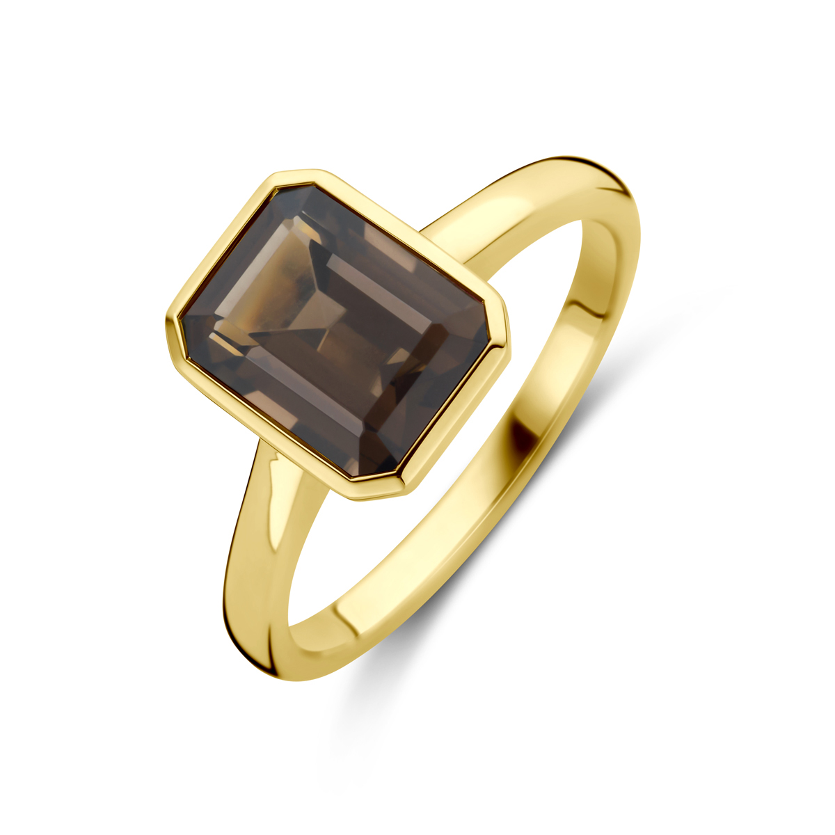 14k Geelgouden ring uitgevoerd met rookkwarts. De ring heeft een breedte van 10mm.