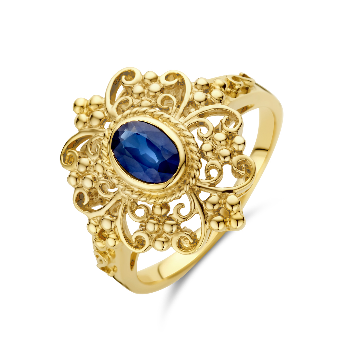 14k Geelgouden vintage ring uitgevoerd met saffier. De ring heeft een breedte van 17.5mm.
