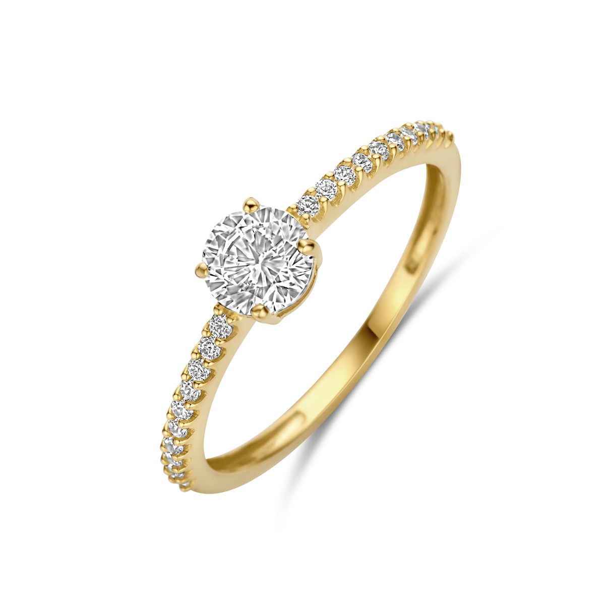 14k Geelgouden ring uitgevoerd met zirkonia. De ring heeft een breedte van 5mm.