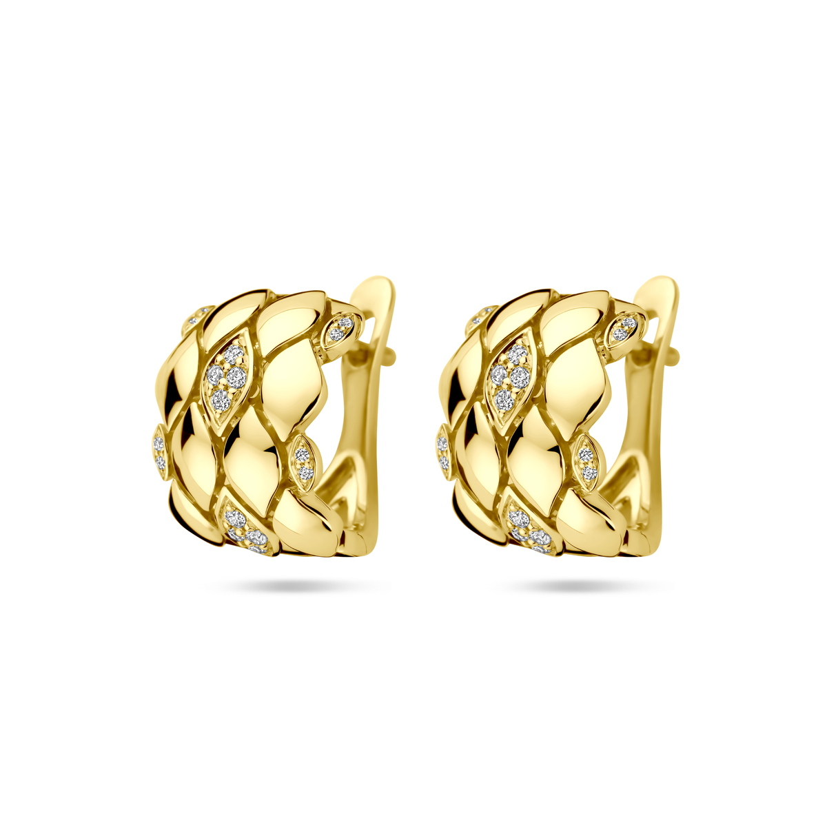 14k Geelgouden klapoorringen uitgevoerd met diamant. De klapoorringen hebben een afmeting van 14x11mm. Het diamantgewicht is 0.16ct.