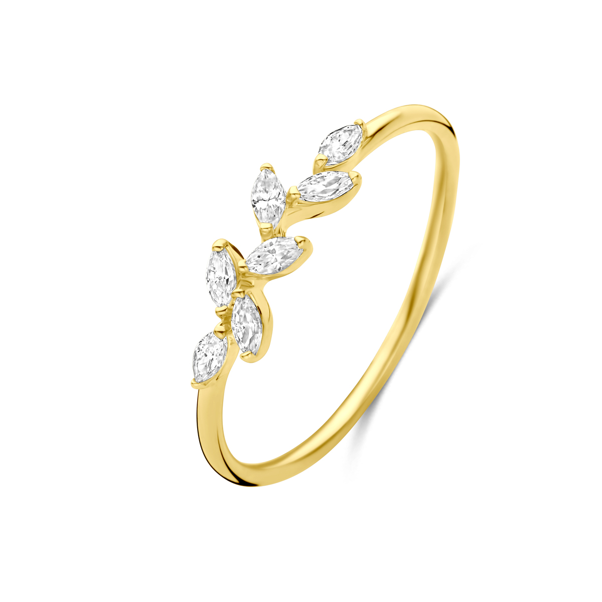 14k Geelgouden ring uitgevoerd met zirkonia. De ring heeft een breedte van 4mm.