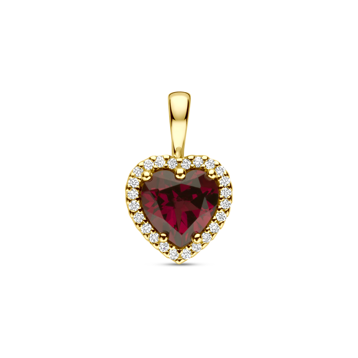 14k Geelgouden hanger uitgevoerd met een roze rhodoliet hartje en diamant. De hanger heeft een totale hoogte van 13mm. Het totale diamantgewicht is 0.06ct.
