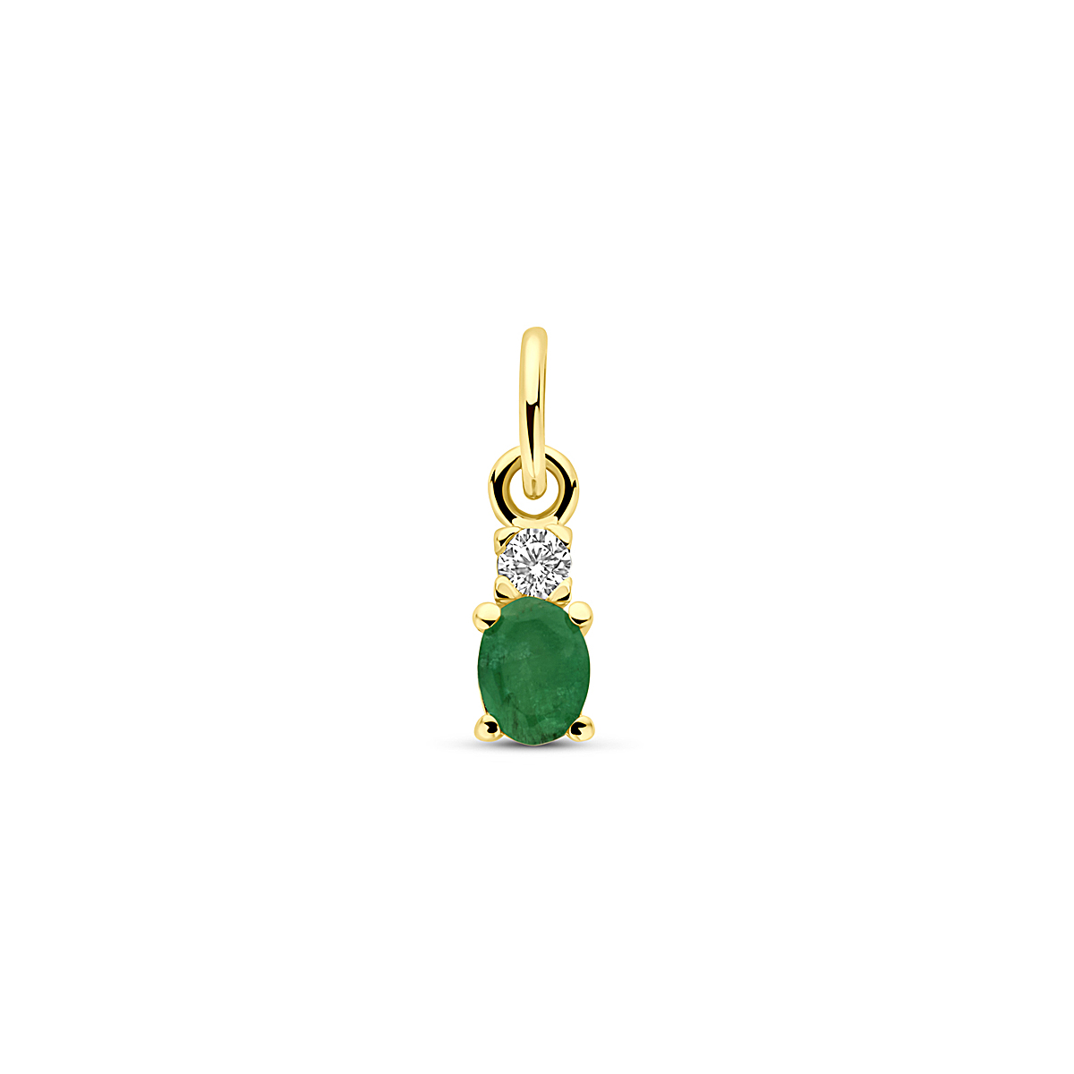 14k Geelgouden hanger uitgevoerd met smaragd en zirkonia. De hanger heeft een totale hoogte van 12mm.