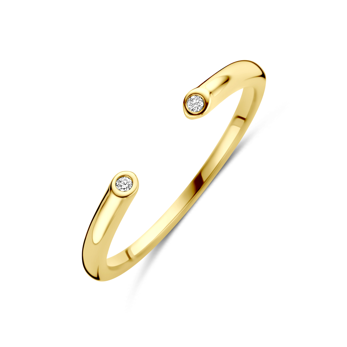 14k Geelgouden ring uitgevoerd met diamant. De ring heeft een breedte van 2mm.