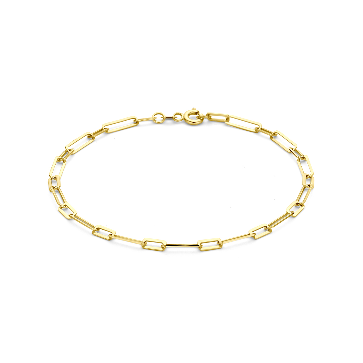 14k Geelgouden armband met een schakelbreedte van 3mm en een draaglengte van 19cm.