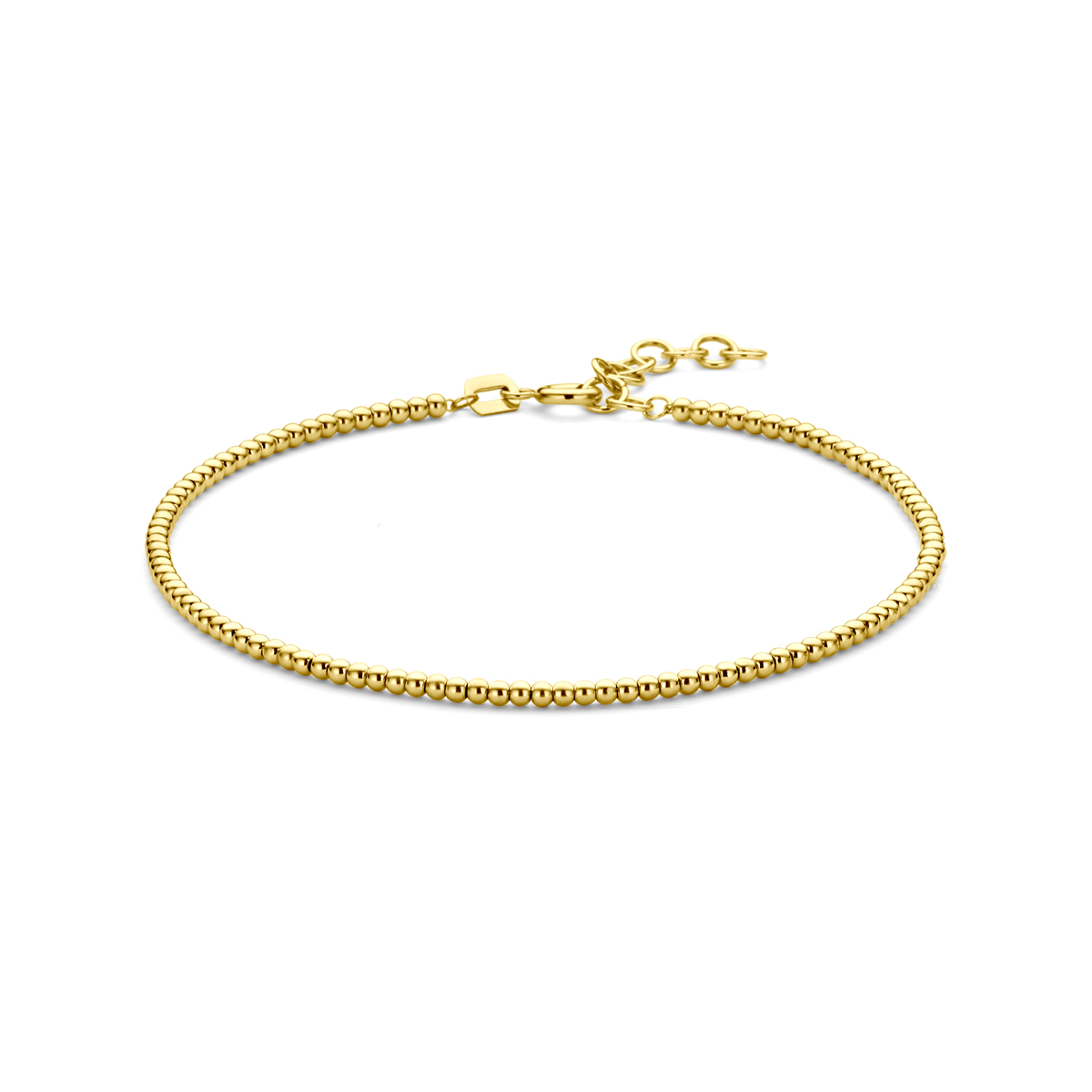 14k Geelgouden armband uitgevoerd met bolletjes van 2mm. De armband heeft een draaglengte van 17cm met 2cm extensie.