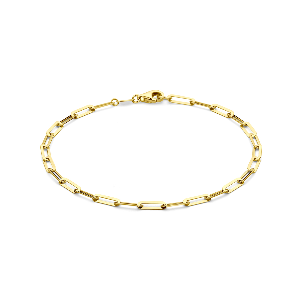 14k Geelgouden armband met een schakelbreedte van 3mm en een draaglengte van 19cm.