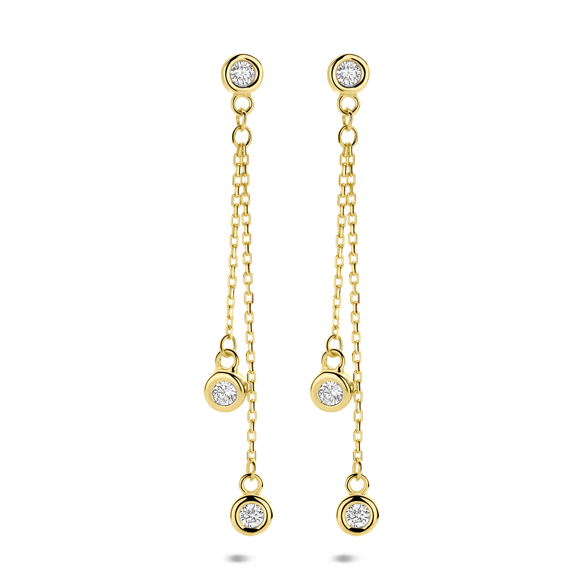 14k Geelgouden oorhangers uitgevoerd met zirkonia. De oorhangers hebben een totale hoogte van 35mm.
