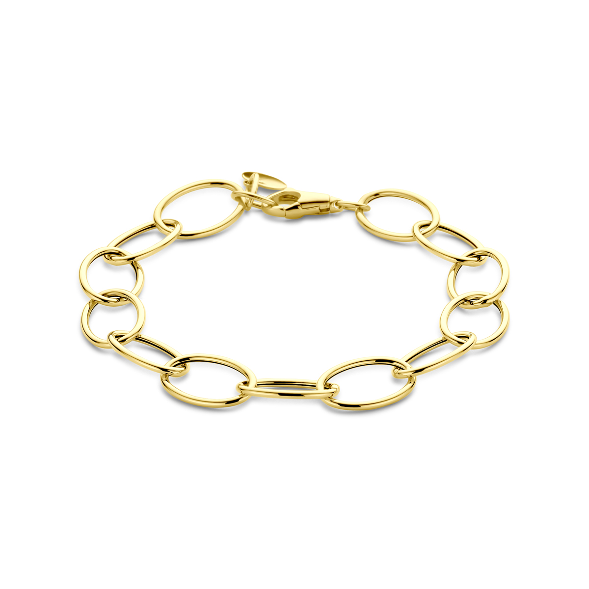 14k Geelgouden armband met een schakelbreedte van 10mm en een draaglengte van 19cm. Uitgevoerd met karabijnsluiting.