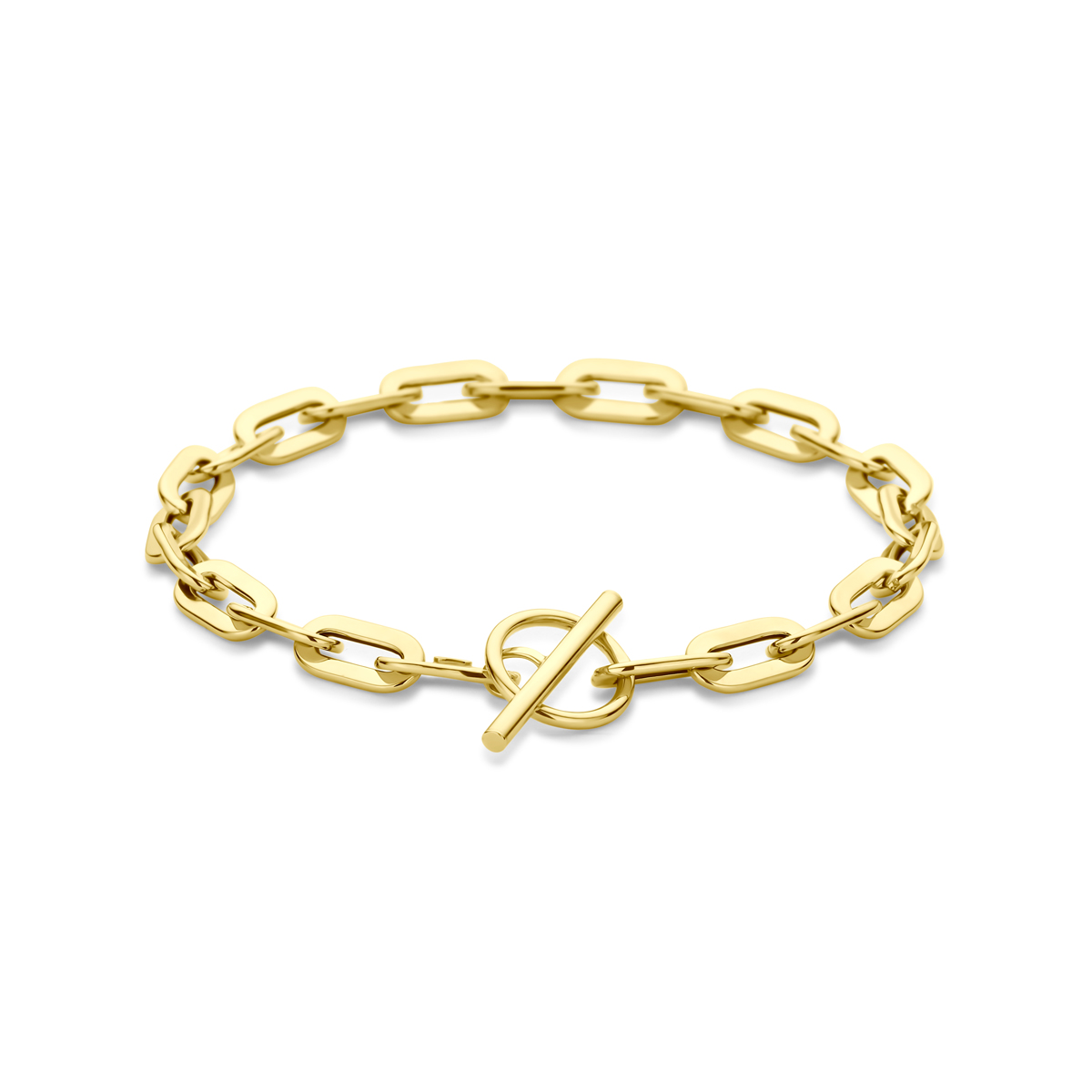 Het Armband kapittelslot model 4034545 is een verfijnd juweel gemaakt van goud. Dit 19 cm lange en 5,5 mm brede armband weegt 4 gram en zorgt voor een elegante uitstraling. Dankzij de glanzende afwerking past het perfect voor elke gelegenheid. Draag het solo of combineer met andere sieraden voor een stijlvolle look.