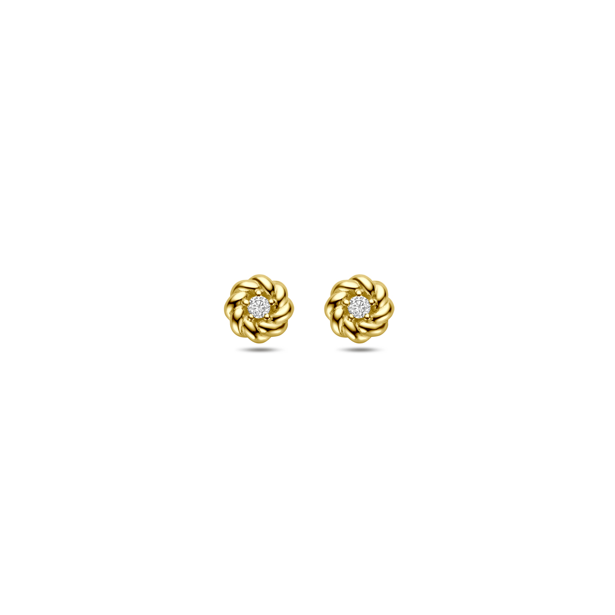 14k Geelgouden oorknoppen uitgevoerd met zirkonia. De oorknoppen hebben een diameter van 5mm.
