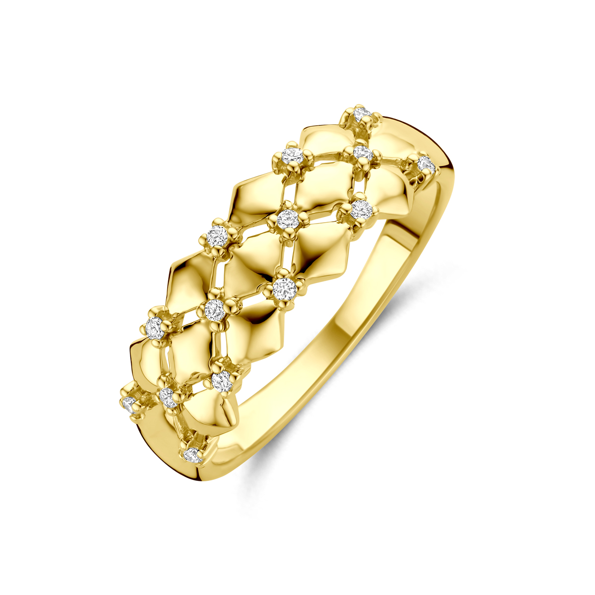 14k Geelgouden ring uitgevoerd met diamant. De ring heeft een breedte van 7mm. Het totale diamantgewicht is 0.08ct.