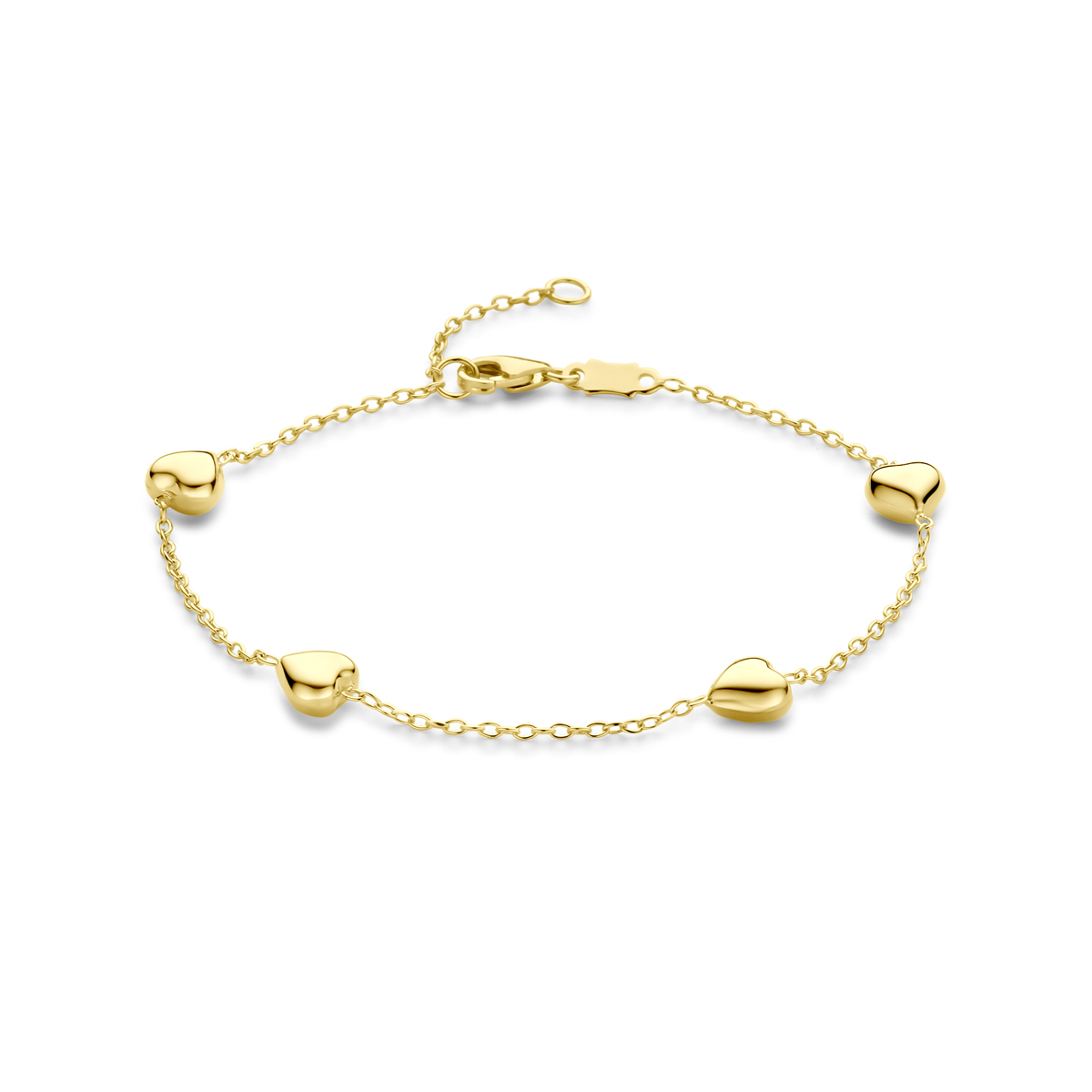 De gouden armband met hartjes is een verfijnd sieraad van 16-18 cm, met een gewicht van 1,71 gram en een breedte van 5,5 mm. De armband is glanzend en voorzien van een karabijnsluiting. Draag deze elegante armband solo of combineer met andere sieraden voor een stijlvolle look. Perfect voor elke gelegenheid.