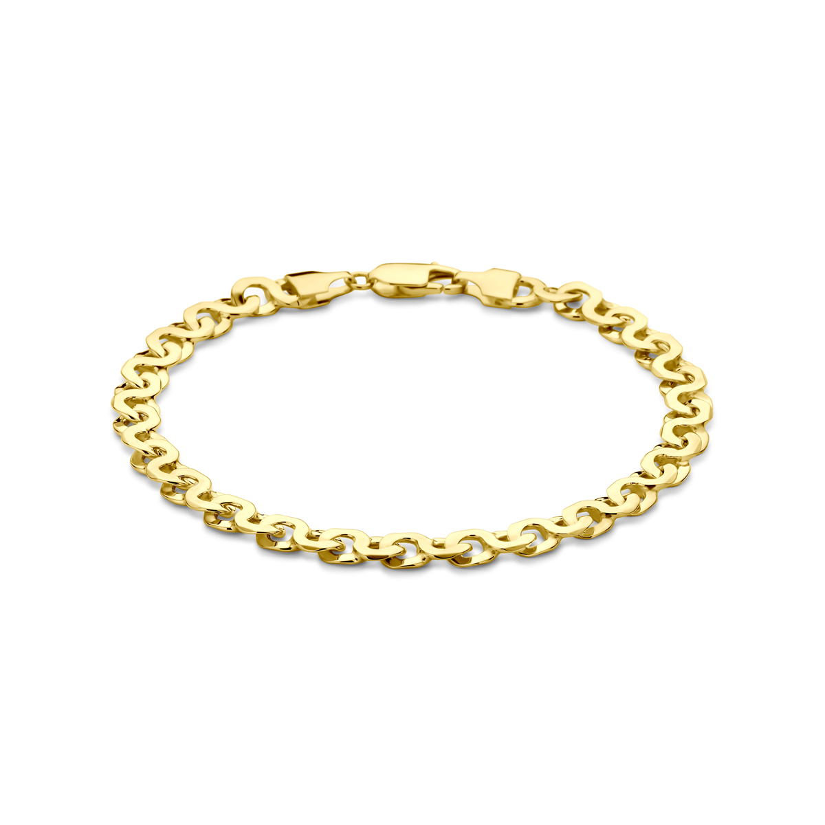 14k Geelgouden armband met een schakelbreedte van 6.5mm. De armband heeft een draaglengte van 21cm en is uitgevoerd met karabijnsluiting.