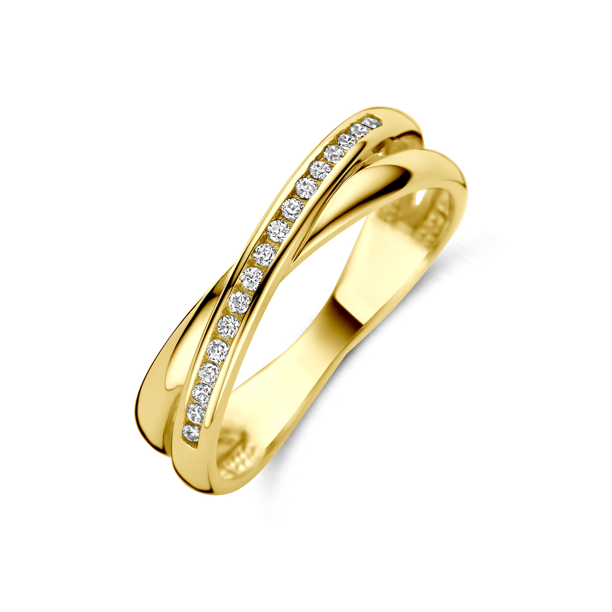 14k Geelgouden ring uitgevoerd met zirkonia. De ring heeft een breedte van 5mm.