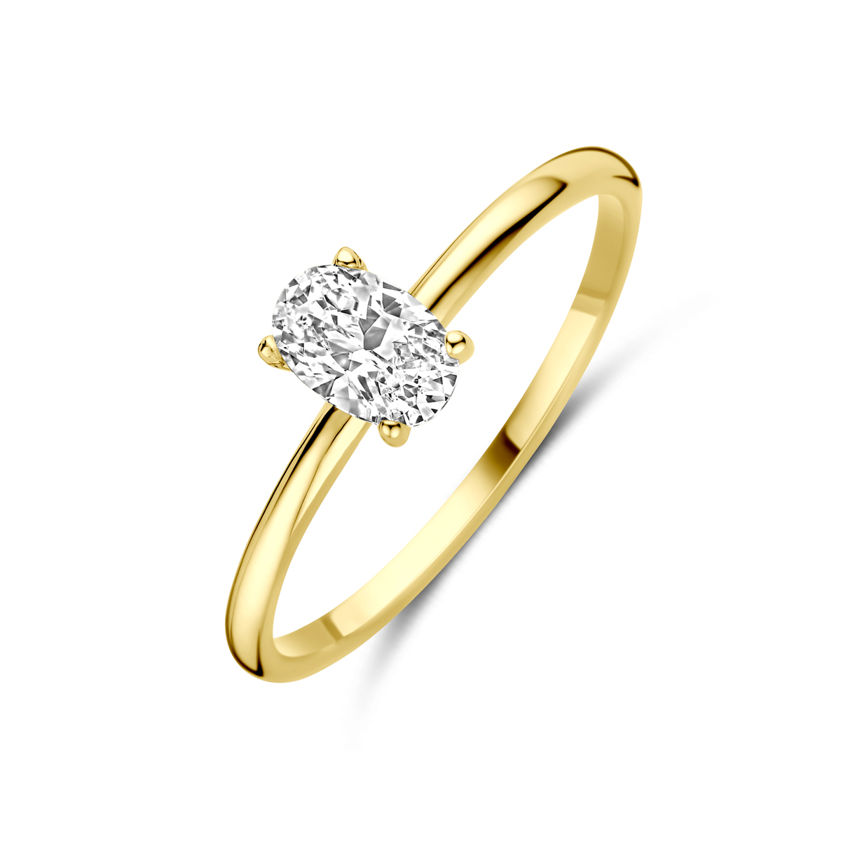 14k Geelgouden ring uitgevoerd met zirkonia. De steen heeft een afmeting van 6x4mm.