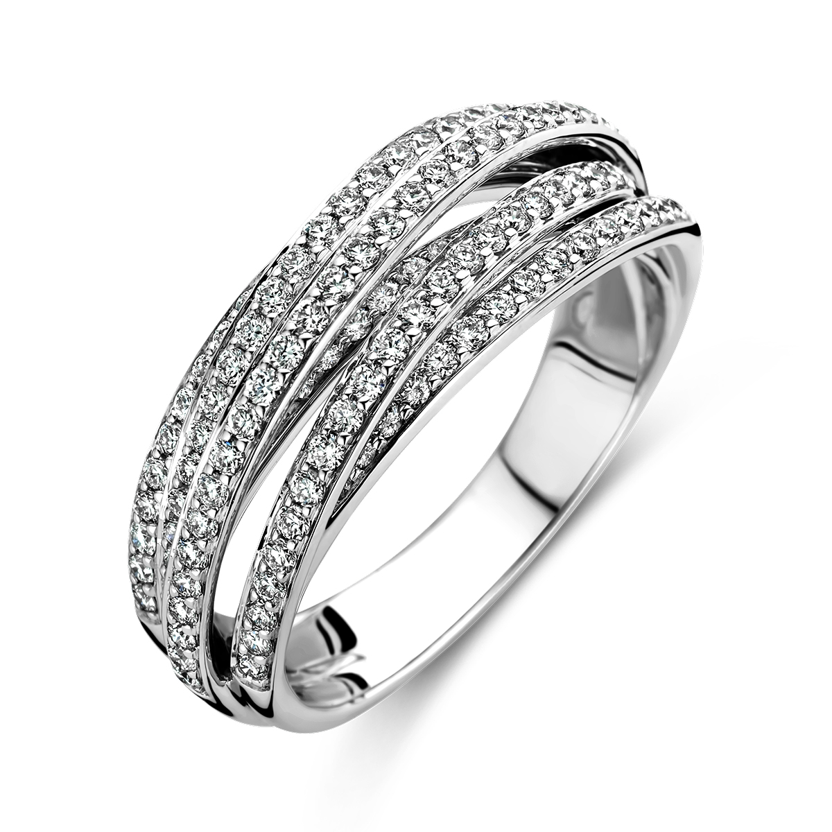 14k Witgouden ring uitgevoerd met diamanten. De ring heeft een breedte van 8mm.