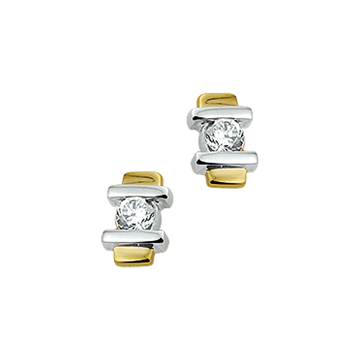 Bicolor wit- en geelgouden oorknoppen met een zirconia.
