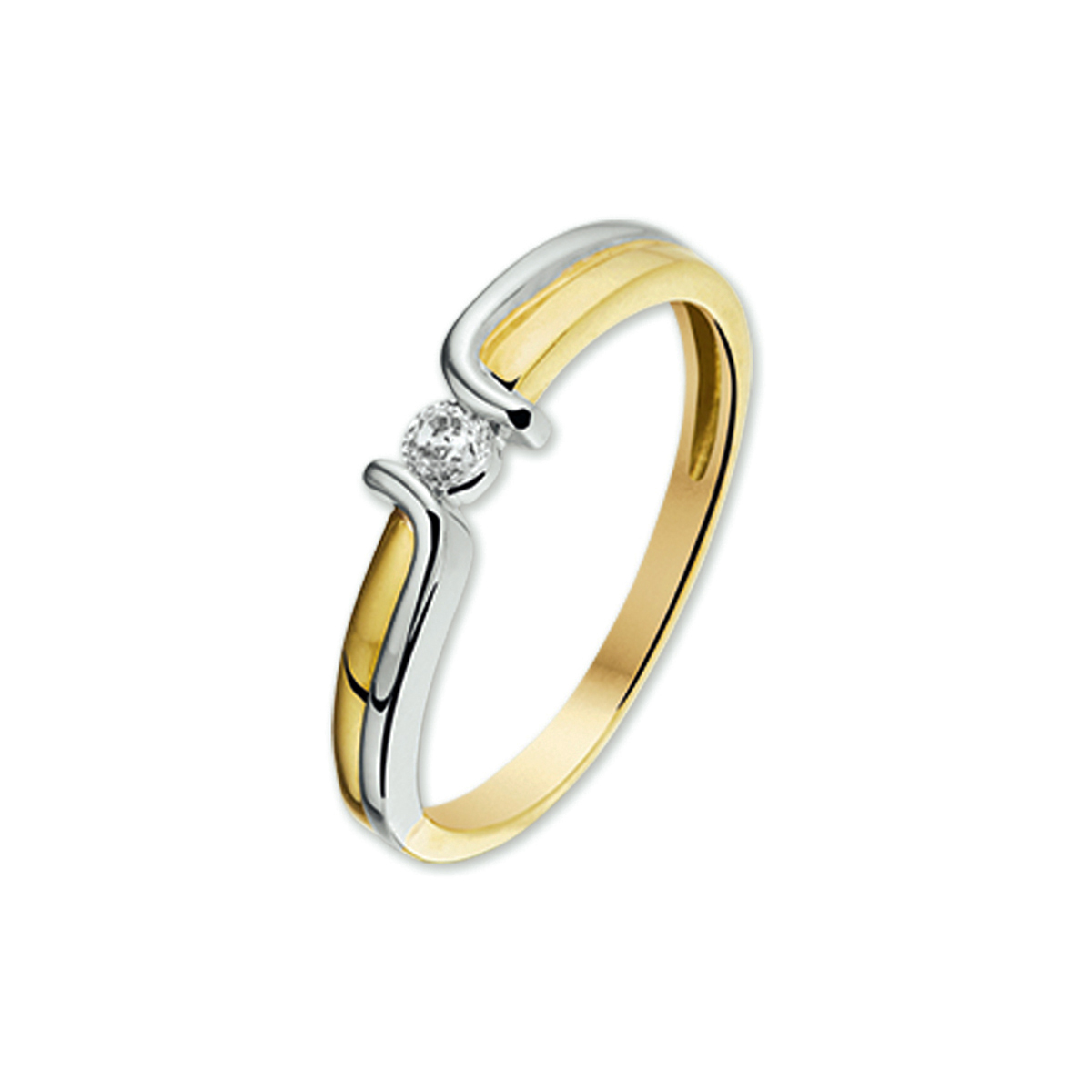 Bicolor wit- en geelgouden ring met zirkonia.