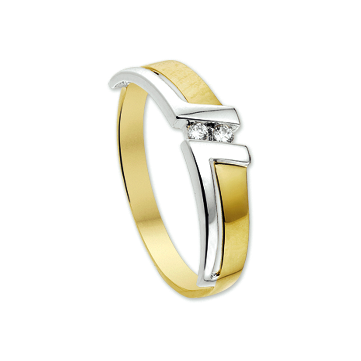 Bicolor wit- en geelgouden ring met zirkonia.