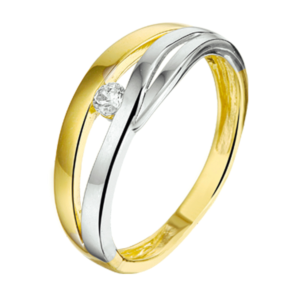 Bicolor wit- en geelgouden ring met zirkonia.