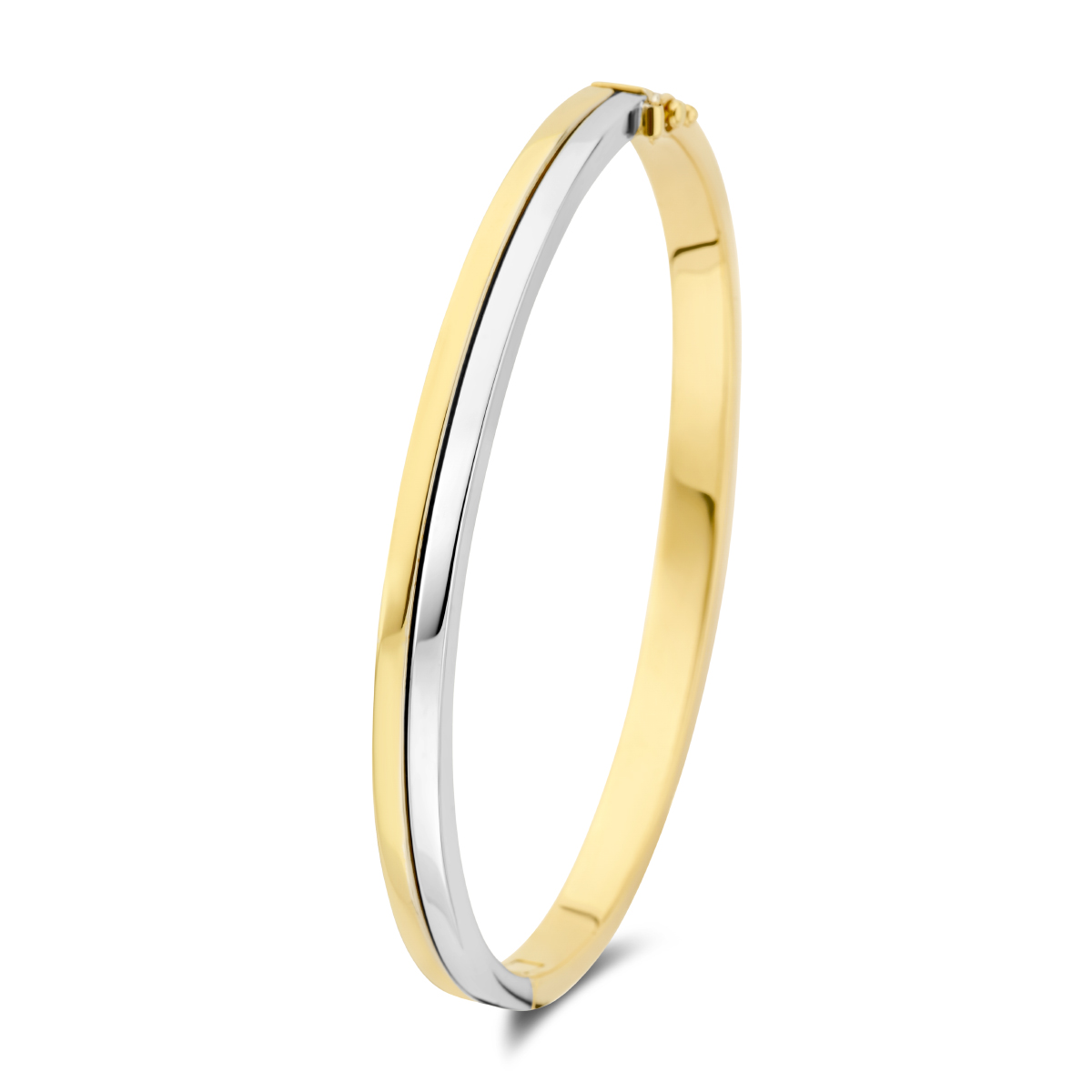 Deze bicolor bangle, modelnummer 4207610, heeft een diameter van 60 mm en een gewicht van 12,1 gram. Gemaakt van goud, met een glanzende afwerking en vlakke vorm, is het perfect te combineren met zowel casual als chique outfits. Draag hem solo of gestapeld voor een trendy uitstraling. Geschikt voor elke gelegenheid.