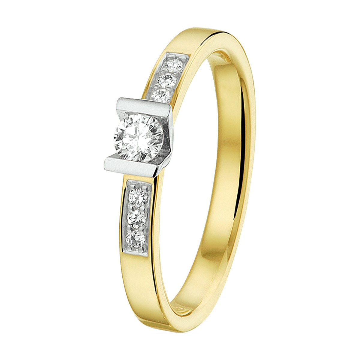 14k Bicolor geel- en witgouden ring uitgevoerd met een diamant rij. De ring heeft een breedte van 3.5mm en de solitair diamant heeft een diamantgewicht van 0.14ct.