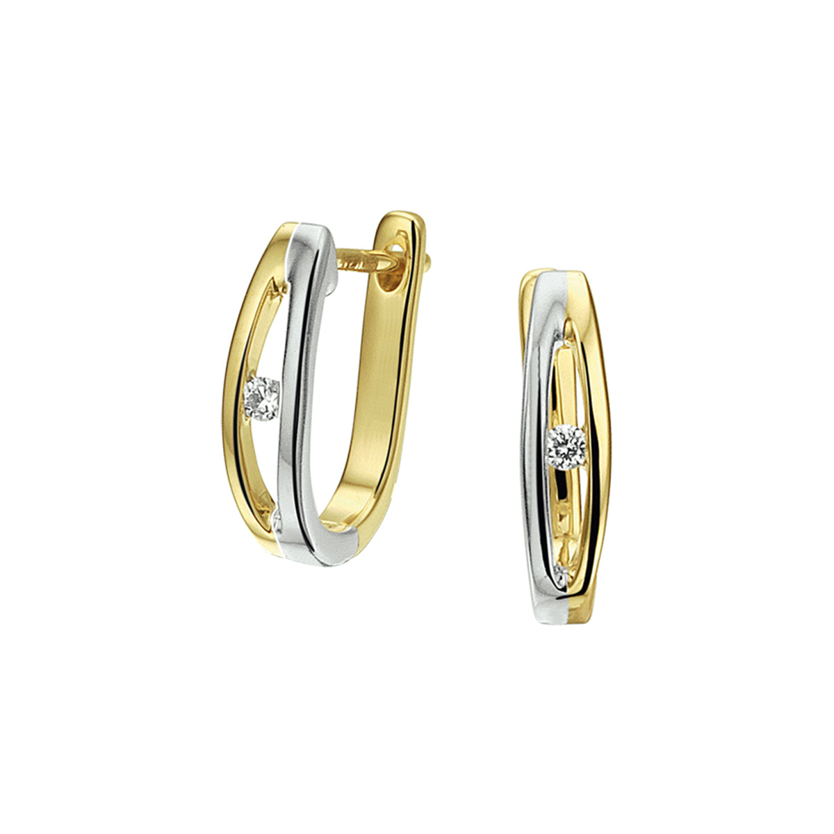 Bicolor gouden klapoorringen met diamant 0.045ct (2x0.022ct. H/Si).