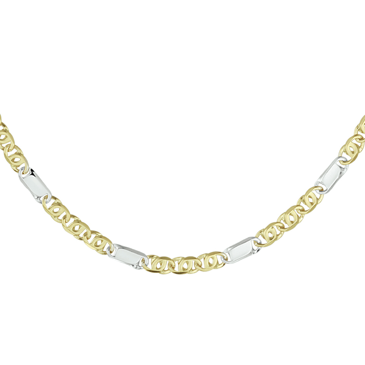 14k Bicolor geel- en witgouden valkenoog collier. Het collier heeft een stevige karabijn sluiting. De schakelbreedte is 3,7mm.