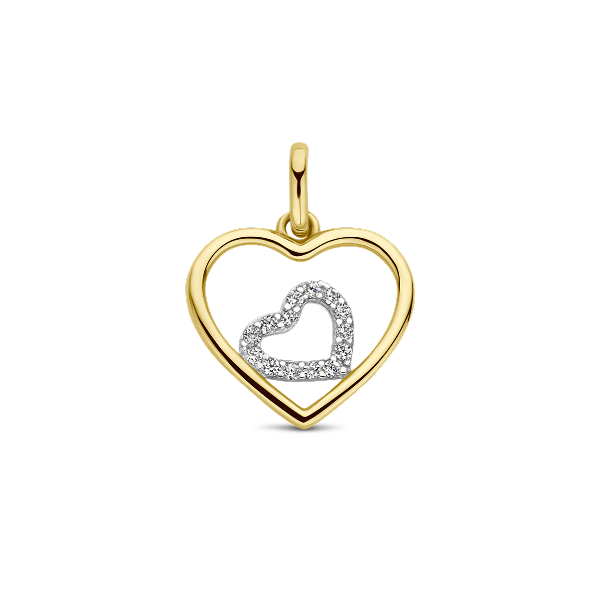 14k Bicolor wit- en geelgouden harten hanger uitgevoerd met zirkonia. De harten hebben een afmeting van11.5x13mm en 5.5x6.5mm. De hanger heeft een totale hoogte van 16mm.