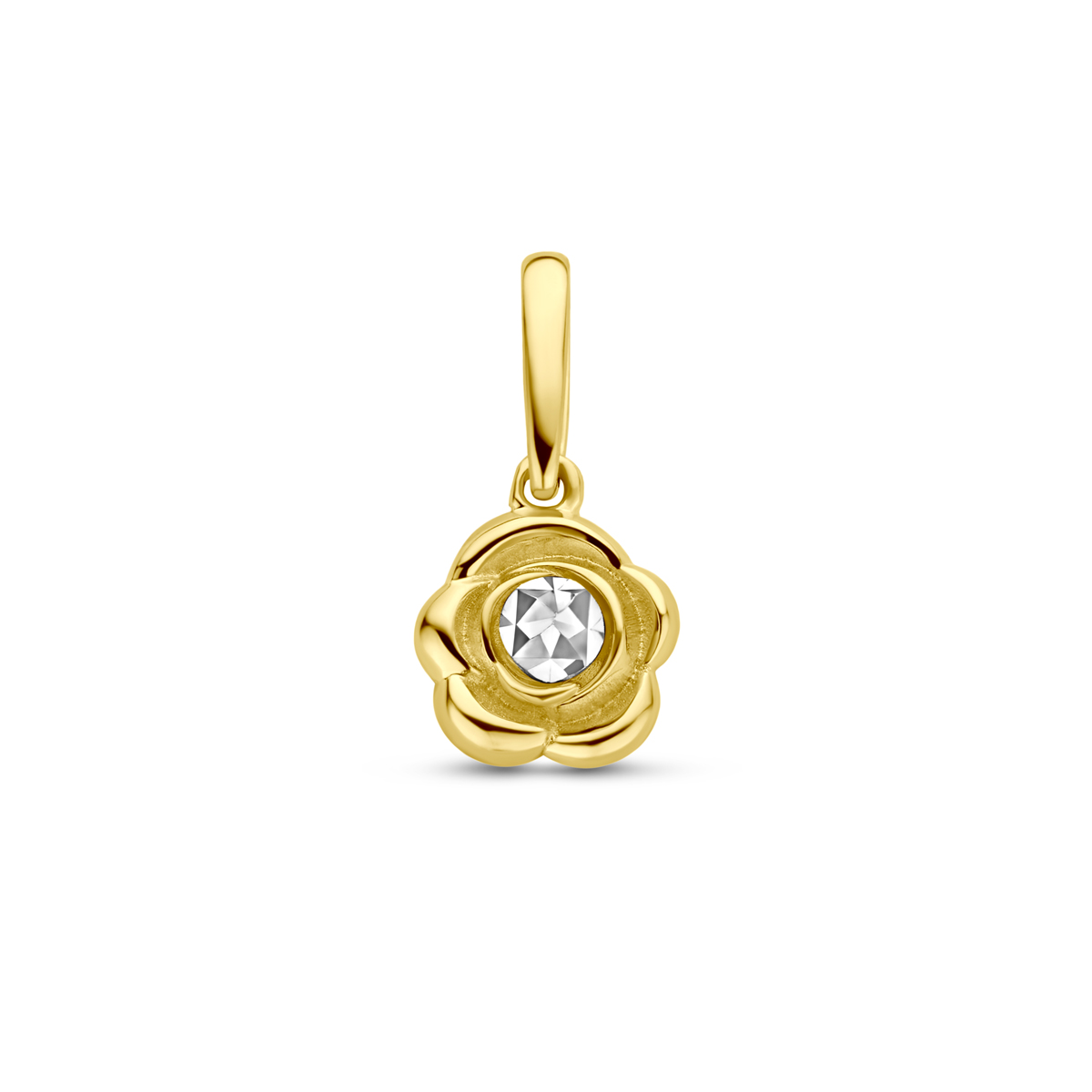 14k Bicolor geel- en witgouden hanger uitgevoerd in de vorm van een bloem. De hanger heeft een totale hoogte van 12mm.