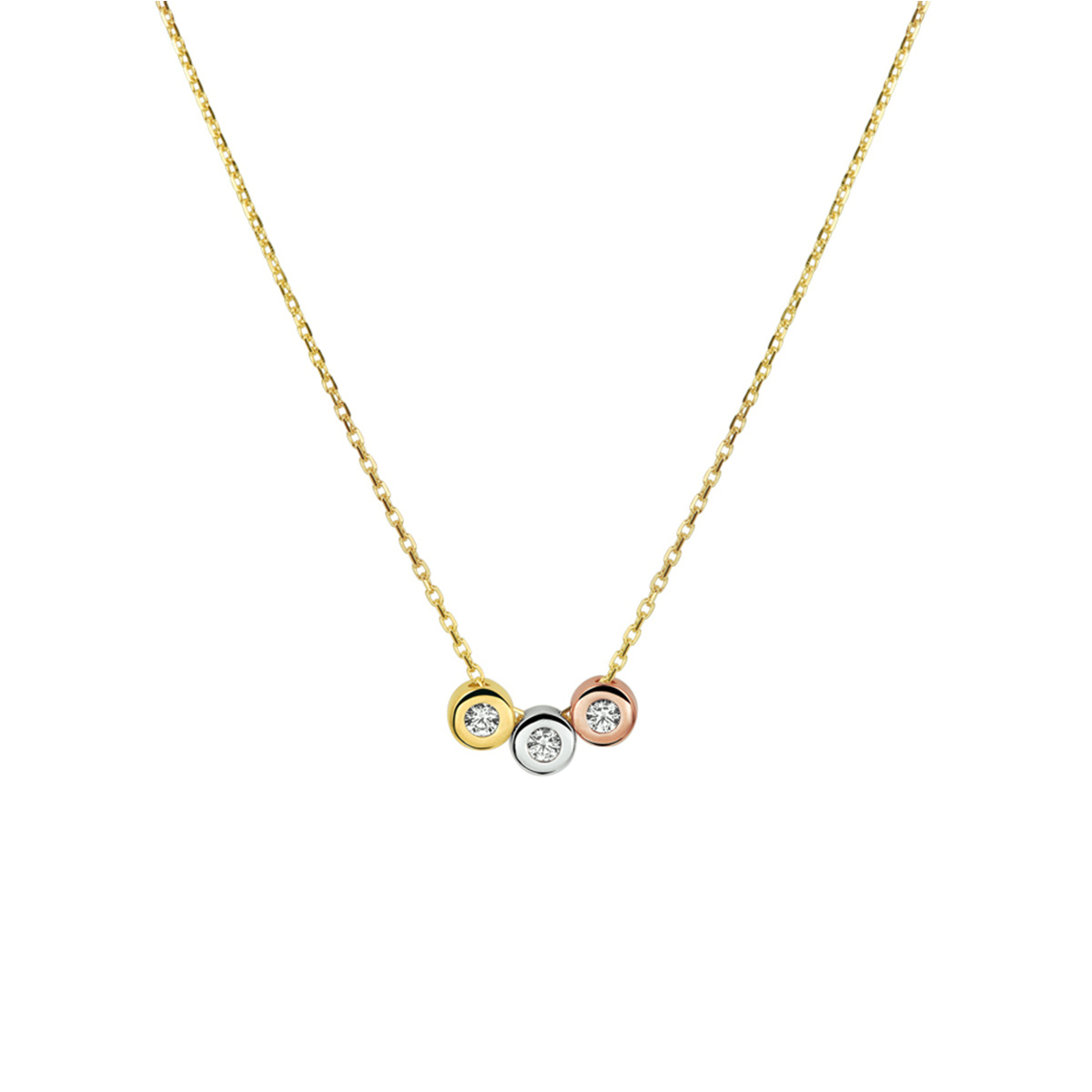 Stijlvol 14k tricolor geel-, rose- en witgouden 1mm anker collier met draaglengtes van 42cm 44cm en 46cm uitgevoerd met een rijzetting van 3 briljant geslepen zirkonia in een zetkast van 4.5mm. Door het simplistische design is dit collier gemakkelijk te combineren met andere sieraden uit onze collectie of uit je eigen stash. Zo creeer je elke keer weer een nieuwe look!