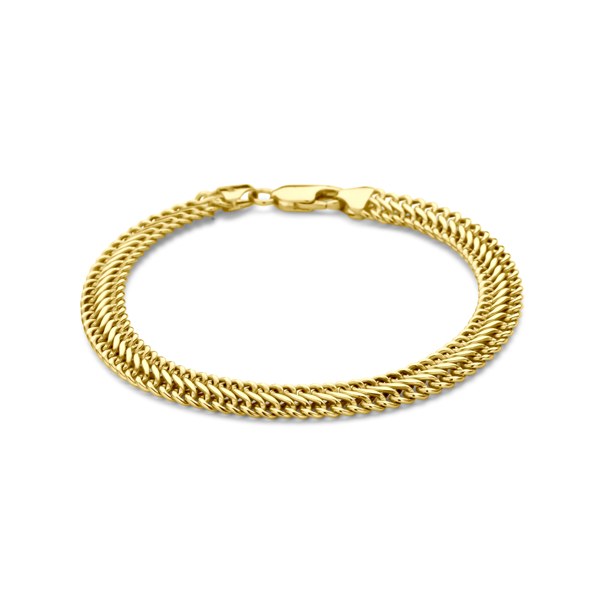 Sieraden van 14 karaat goud met daarin een kern van 925 zilver. Geelgouden armband met dubbel gourmette schakel. De schakelbreedte is 6.5mm.