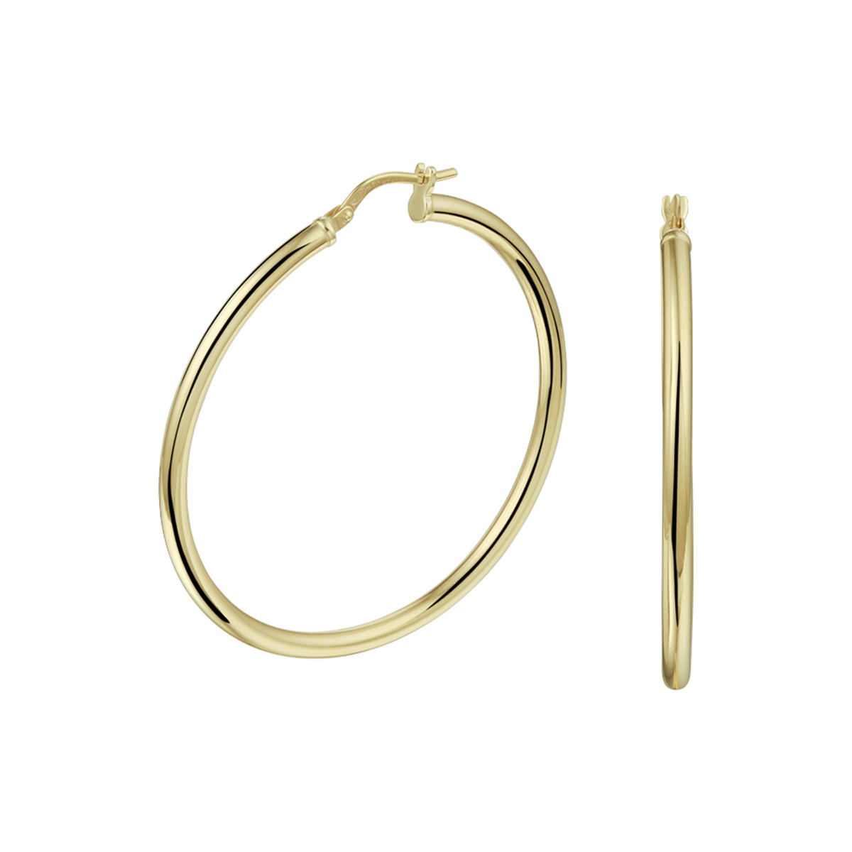 14k Geelgouden oorringen met 925 zilveren kern uitgevoerd met een stevige scharnier sluiting. De oorringen hebben een diameter van 44mm.