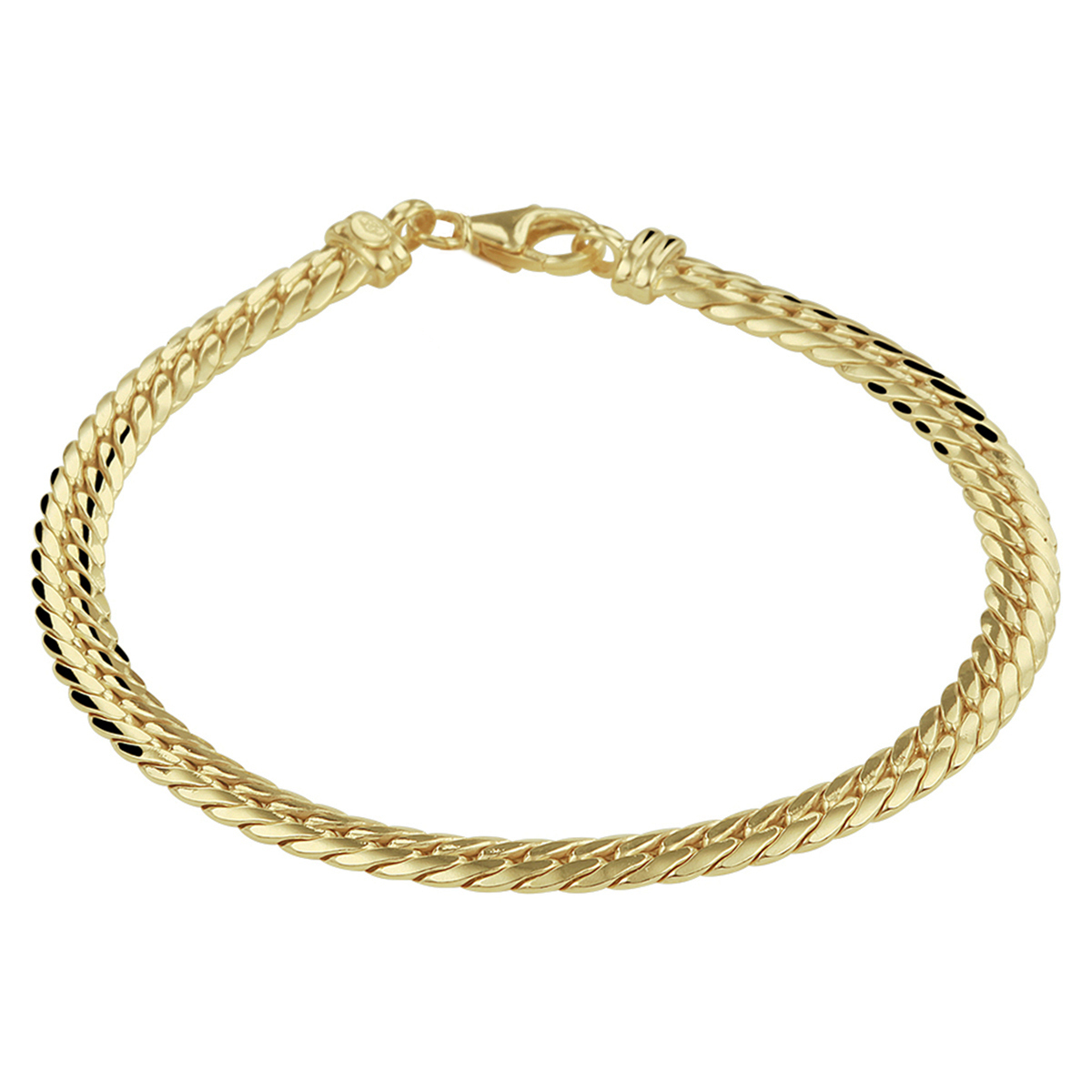 14k Geelgouden gourmet armband met daarin een kern van 925 zilver en uitgevoerd met een stevige karabijn sluiting. De armband heeft een schakelbreedte van 4.7mm en een draaglengte van 19cm.