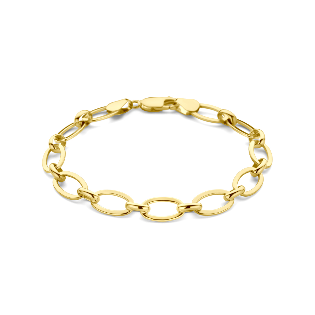 14k Geelgouden armband met een kern van 925 zilver. De armband heeft een schakelbreedte van 8.5mm en een draaglengte van 19cm. De armband is uitgevoerd met een stevige karabijn sluiting.