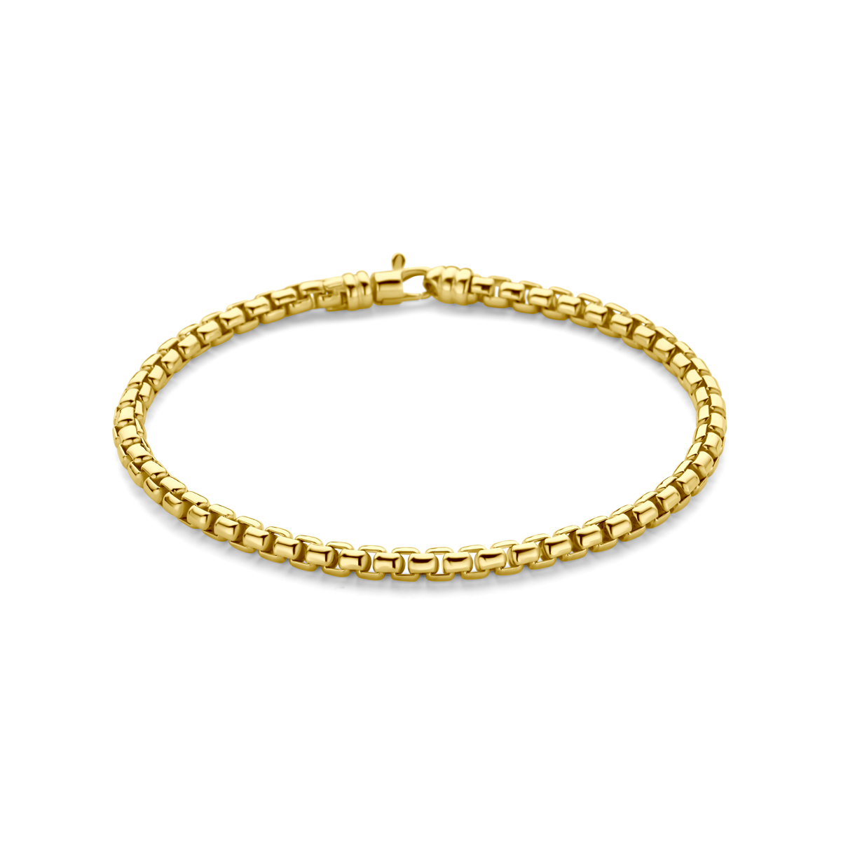 14k Geelgouden armband met een kern van 925 zilver. De armband heeft een schakelbreedte van 4,3 mm en een draaglengte van 19cm. Uitgevoerd met karabijnsluiting.