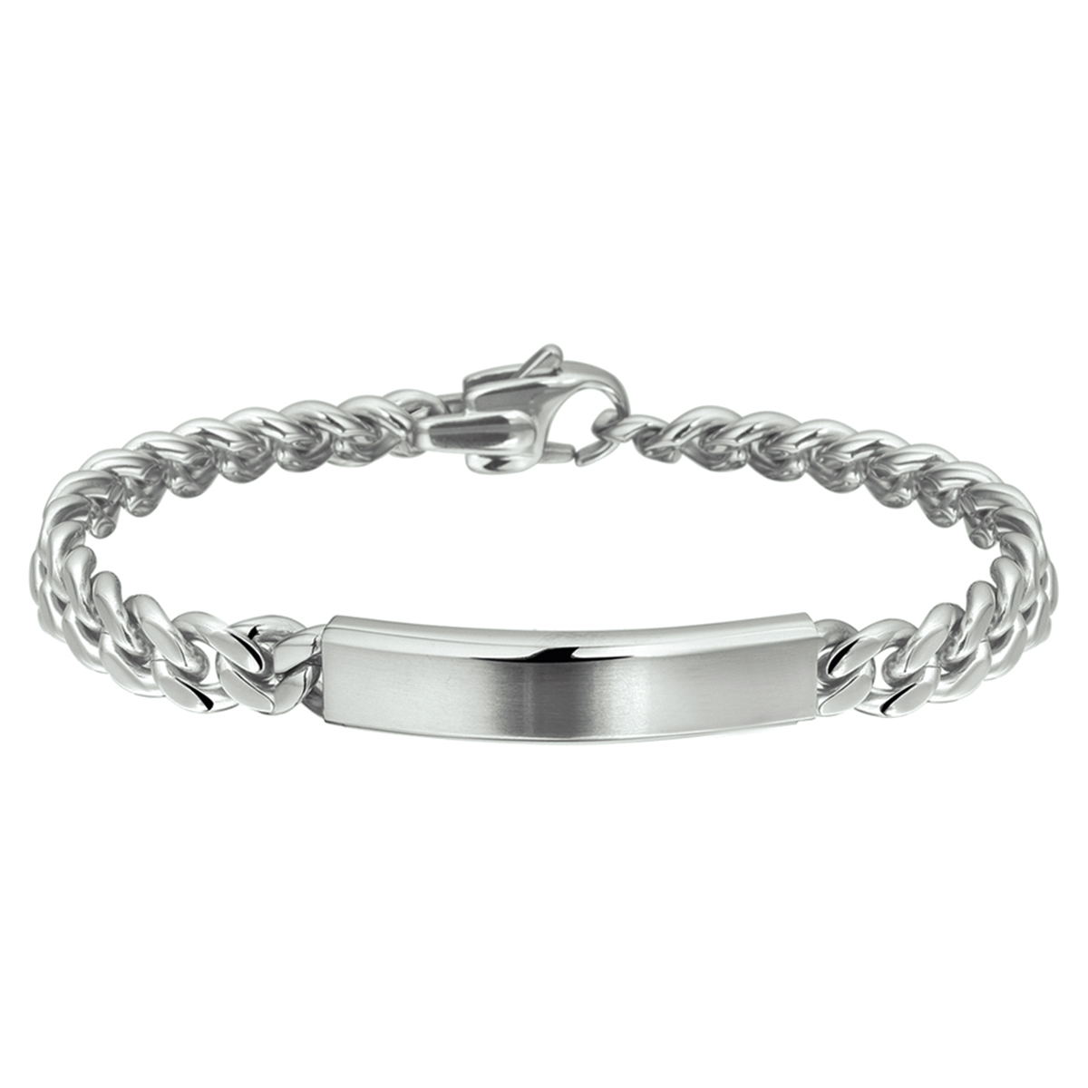Stalen graveerarmband uitgevoerd met een karabijn sluiting. De graveerplaat heeft een dikte van 3.2mm. De schakelbreedte is 9.0mm.