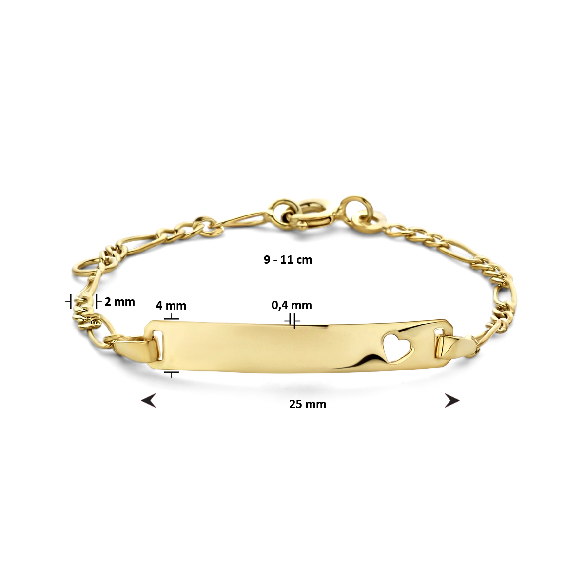 9k geel kleurig&nbsp;graveerarmband met een schakelbreedte van 2mm. De armband is uitgevoerd met een plaat van 4x25mm met een een dikte van 0.4mm en een hartje daarin.