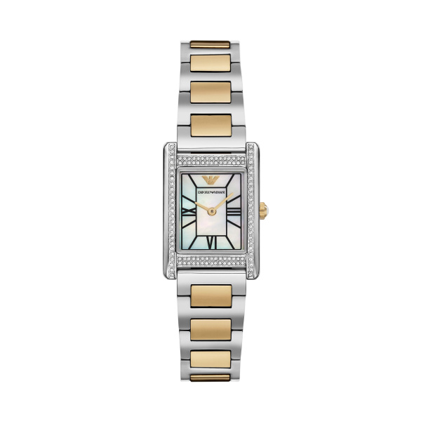 Armani bicolor Quarts dames pols horloge staal met stalen band uit de Genni collectie. 5 ATM waterdicht.