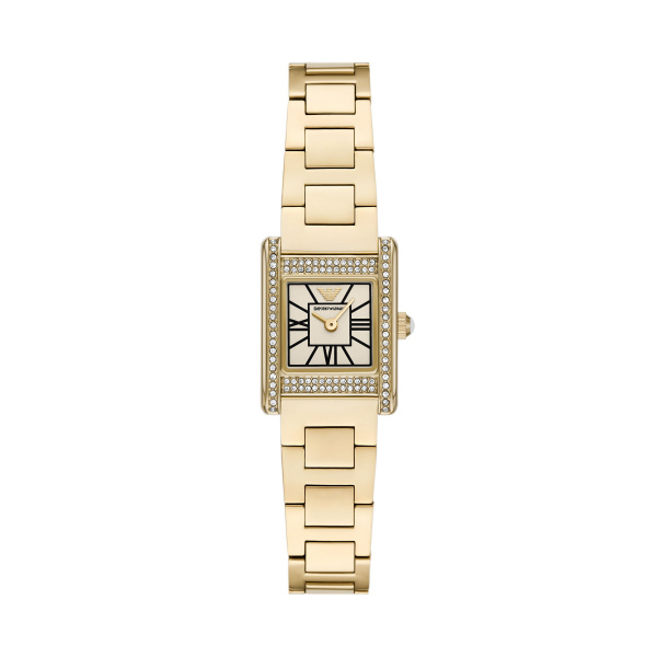 Armani Quarts dames pols horloge staal met stalen band goudkleurig uit de Genni collectie. 5 ATM waterdicht.