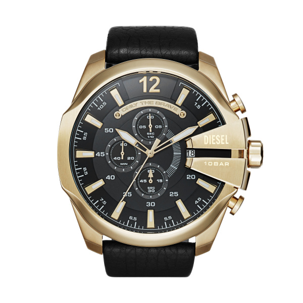 Diesel quarts heren pols horloge staal goudkleurig met zwart lederen band uit de Mega Chief collectie. 10 ATM waterdicht.