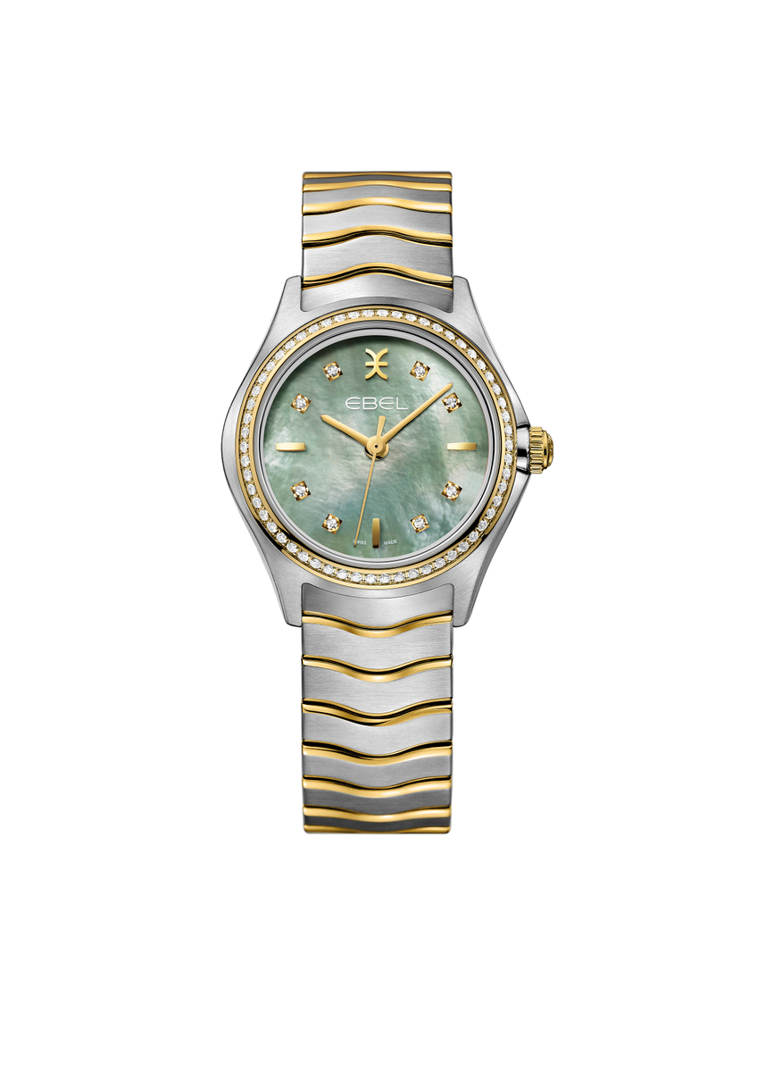 EBEL Wave Lady, edelstalen met 18K geelgouden Lunette met 58 diamanten (0,377 ct), Ø 30 mm, "Olive" parelmoeren wijzerplaat met 8 diamanten (0,052 ct) en aangebrachte indexen, saffierglas met antireflectiebehandeling aan de onderkant, tweekleurige  edelstalen Wave schakelarmband,  Zwitsers kwartsuurwerk, waterbestendig tot 5 bar