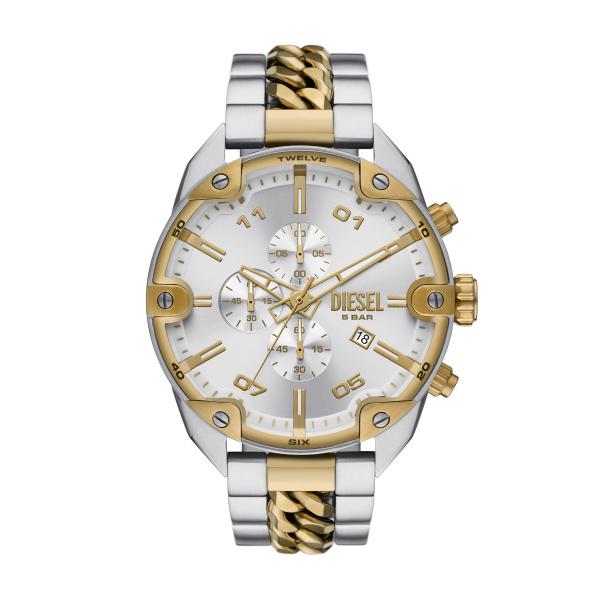 Diesel Bicolor quarts heren pols horloge staal met stalen band uit de Spiked collectie. 5 ATM waterdicht.