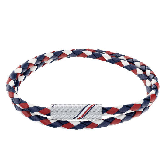 Tommy Hilfiger leren armband in de kleuren rood wit blauw en een stalen magneetsluiting.