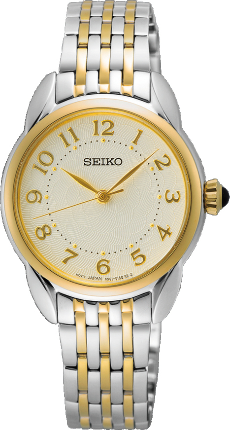 Dit is een dameshorloge van het merk Seiko. Het is een analoog horloge gemaakt van staal. De diameter van de kast is 28.7 mm en de kast is 7.59 mm dik.
De verdere specificaties van het horloge zijn als volgt:
Kastvorm: rond
Kastkleur: goudkleurig
Kastmateriaal: staal
Bandbreedte: 13 mm
Bandlengte: 218.7 mm
Sluiting: vouwsluiting met drukker
Wijzerplaatkleur: wit
Glassoort: hardlex mineraal glas
Waterdichtheid: 5 ATM
Techniek: quartz