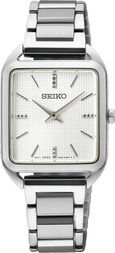 Dit is een dameshorloge van het merk Seiko. Het is een analoog horloge gemaakt van staal. De diameter van de kast is 26 mm en de kast is 6.5 mm dik.
De verdere specificaties van het horloge zijn als volgt:
Kastvorm: tonneau
Kastkleur: zilverkleurig
Kastmateriaal: staal
Bandbreedte: 13.5 mm
Bandlengte: 190 mm
Sluiting: vouwsluiting met drukker
Wijzerplaatkleur: wit
Glassoort: hardlex mineraal glas
Waterdichtheid: 5 ATM
Techniek: quartz