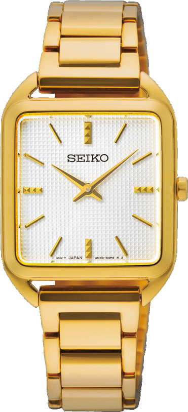 Dit is een dameshorloge van het merk Seiko. Het is een analoog horloge gemaakt van staal. De diameter van de kast is 26 mm en de kast is 6.5 mm dik.
De verdere specificaties van het horloge zijn als volgt:
Kastvorm: tonneau
Kastkleur: goudkleurig
Kastmateriaal: staal
Bandbreedte: 13.5 mm
Bandlengte: 224 mm
Sluiting: vouwsluiting met drukker
Wijzerplaatkleur: wit
Glassoort: hardlex mineraal glas
Waterdichtheid: 5 ATM
Techniek: quartz