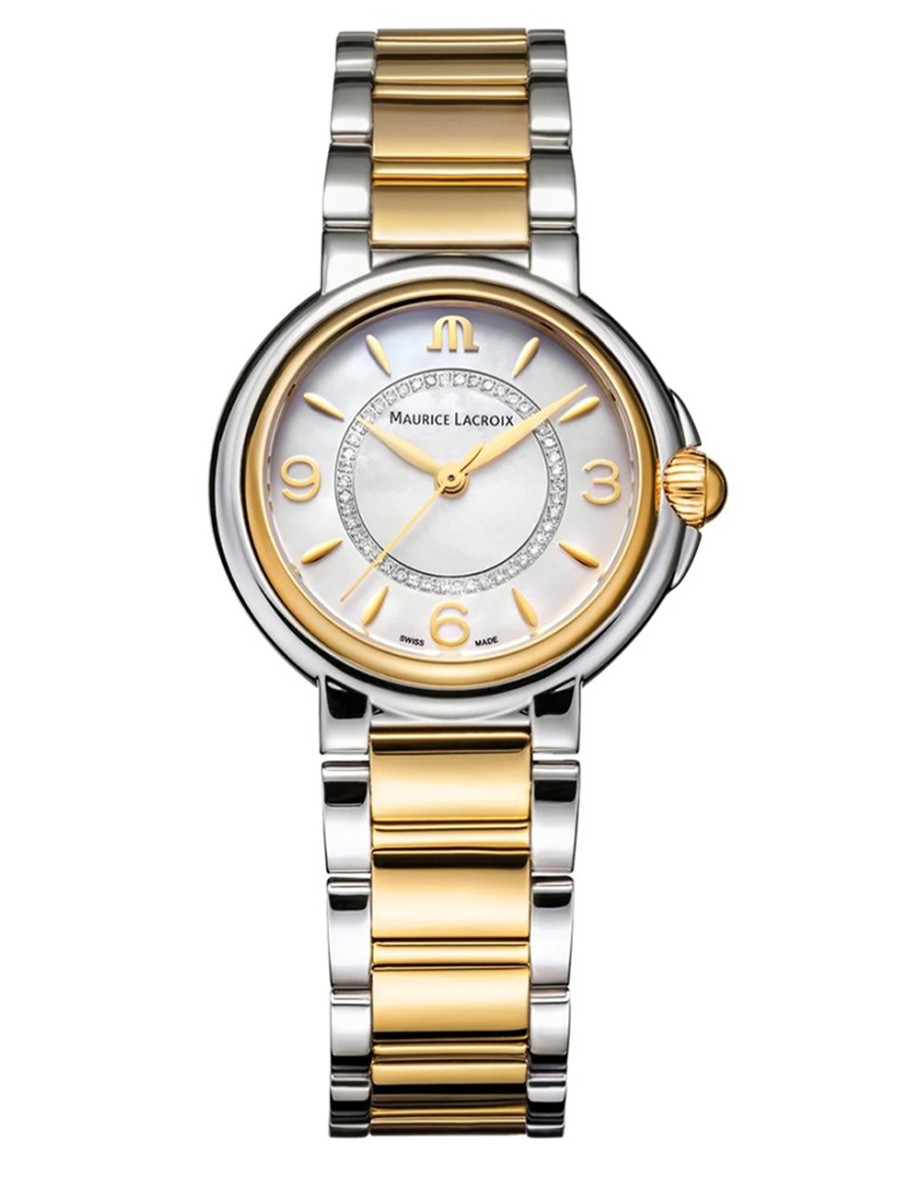 Dit is een horloge van het merk Maurice Lacroix gemaakt voor dames.
De specificaties zijn als volgt:
Kastmaat: 32 mm
Kastdikte: 9
Bandbreedte: 17
Waterdichtheid: 3 ATM / 30 Meter / 100 Feet